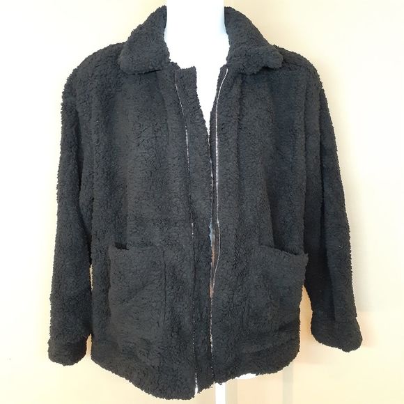 Black Sherpa Zip Up Fleece Teddy Jacket Shacket XL NWOT - Picture 3 of 6